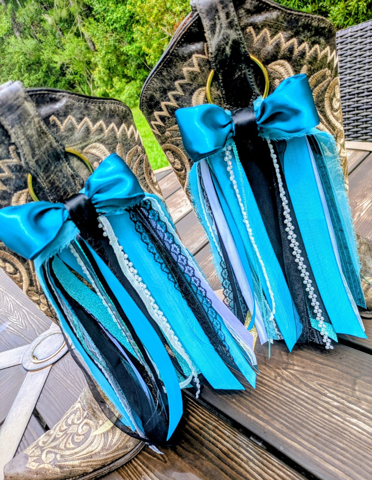 Teal & Black Ribbon Bow Tassel Boot Shoe Charms Pair, Gold Tone Hooks Western