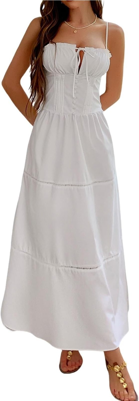 Midi Corset Dress Boho Flowy Slit Lace Up Dresses Casual Sundress Size L