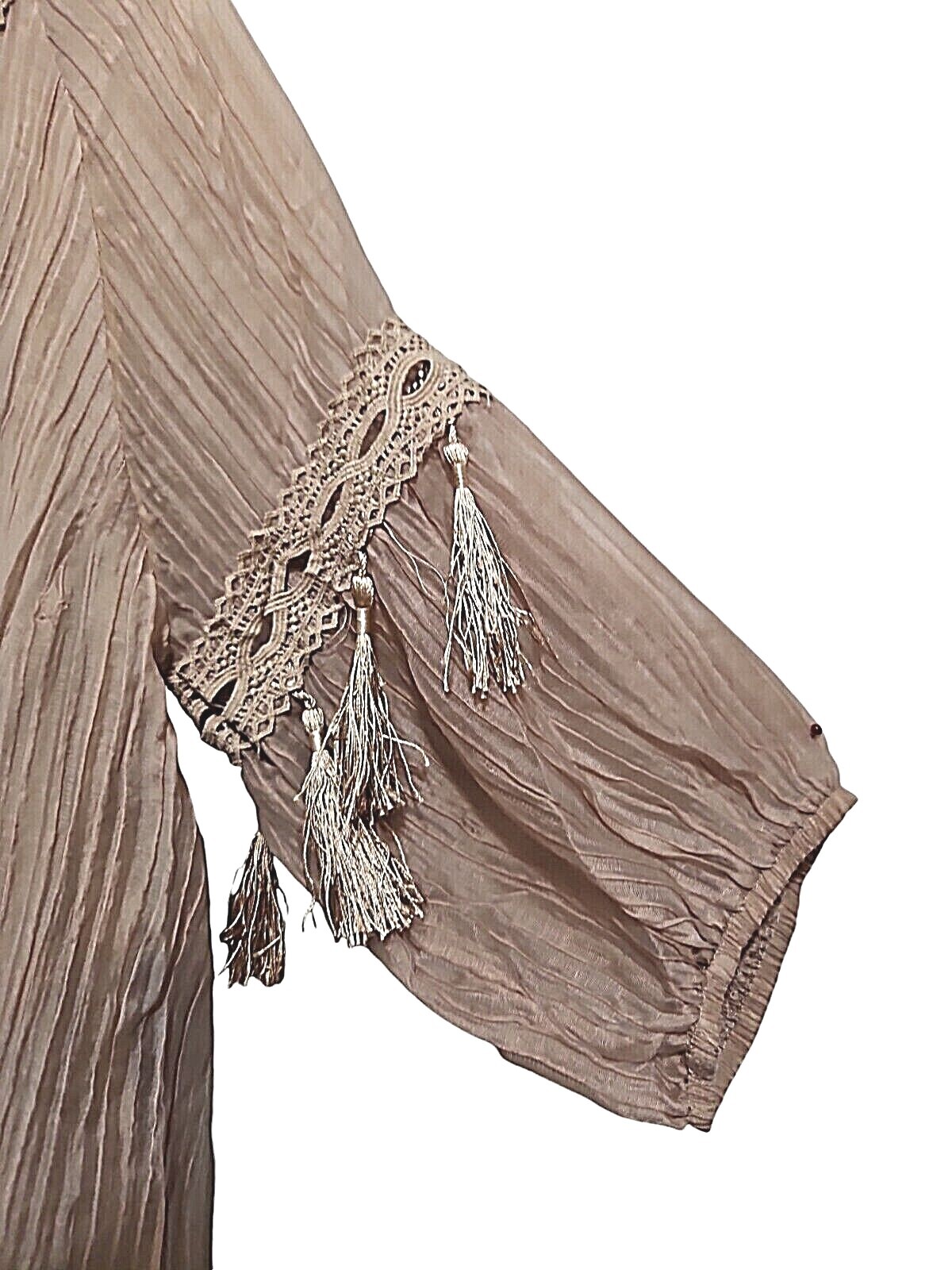 Pretty Angel Blouse Womens Large Tan Brown 3/4 Sleeve Fringe V Neck Bohemian New