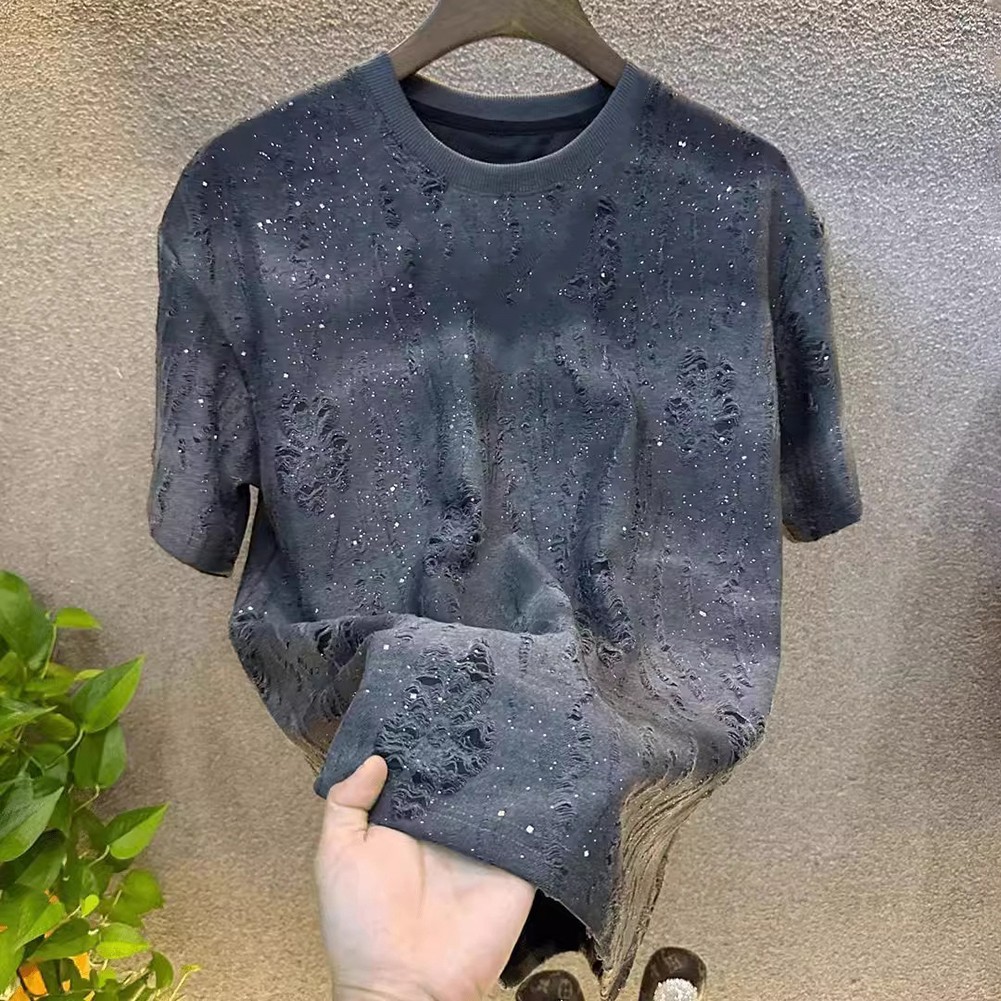 Men’s Casual Korean Style T-Shirt with Rhinestone Rivet Detail Grey Black