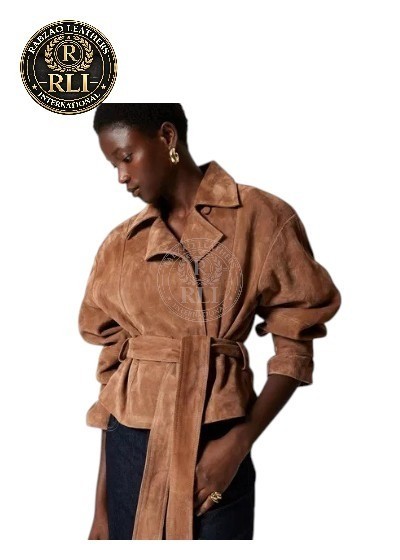 Women Genuine Suede Leather Jacket Brown Belted Wrap Western Vintage Coat