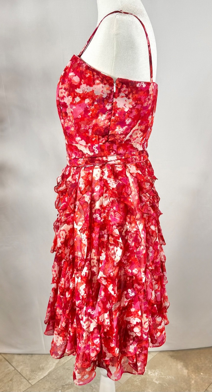 NWT White House Black Market Floral Waterfall Ruffle Chiffon Dress Pink Red Size