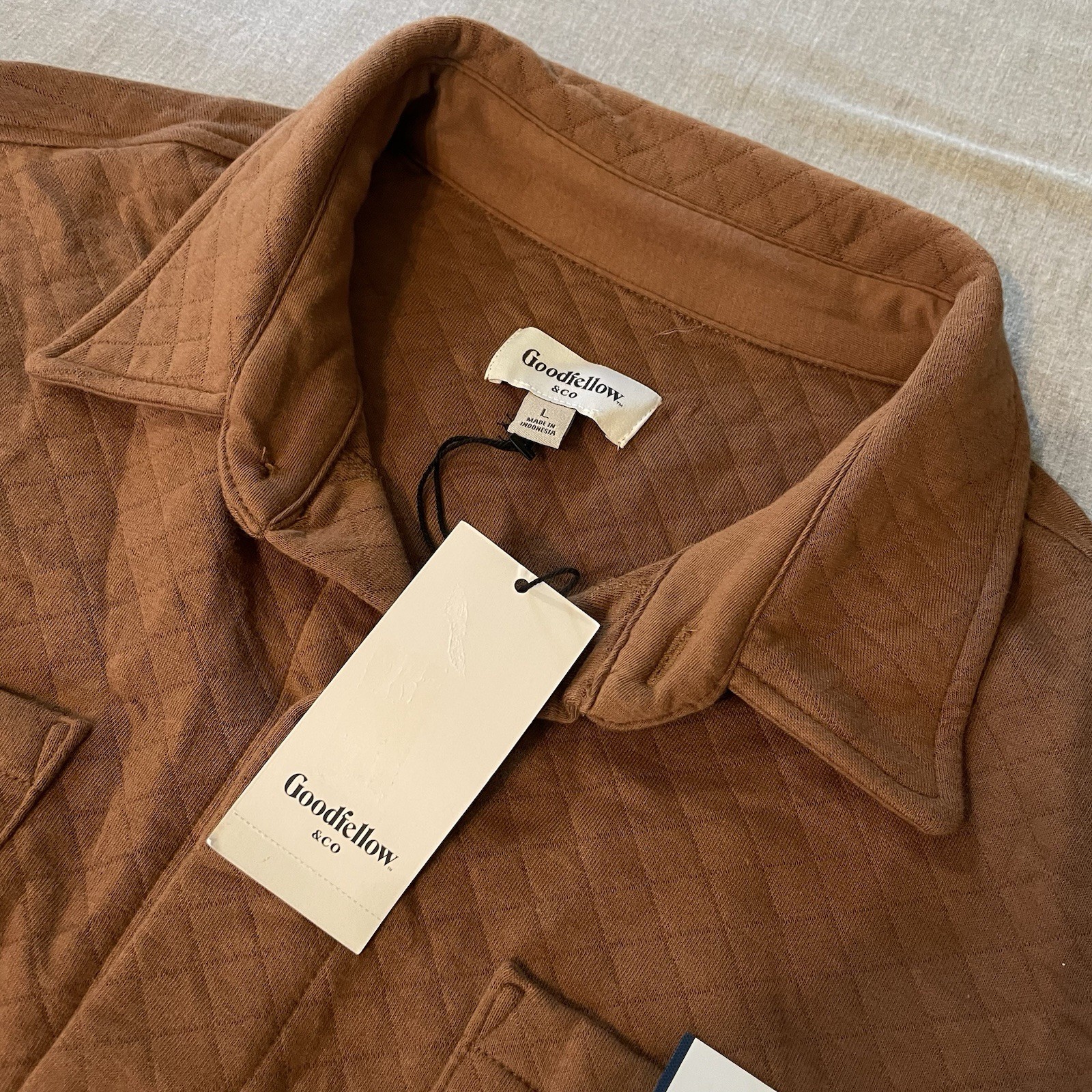 L Goodfellow & Co Quilted Knit Button Down Shirt Jacket Brown Mens LARGE NWT