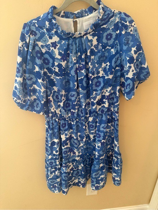 Sugarlips Retro Floral Mod Ruffle blue dress size Large