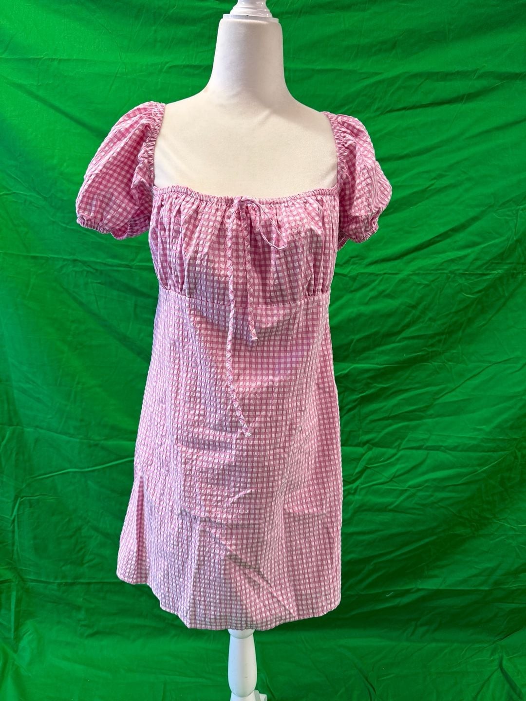 Zara Pink and White Gingham Puff Sleeve Milkmaid Mini Dress
