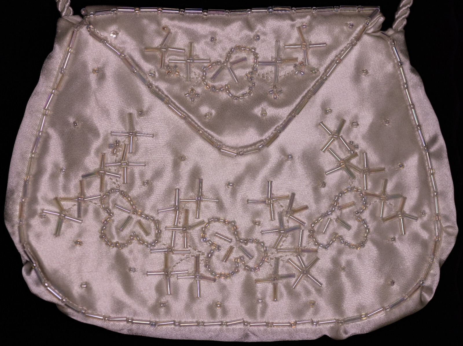 Godey’s 1861 Hand-Beaded Reproduction Reticule-Cream Satin w/Crystal Beads-New