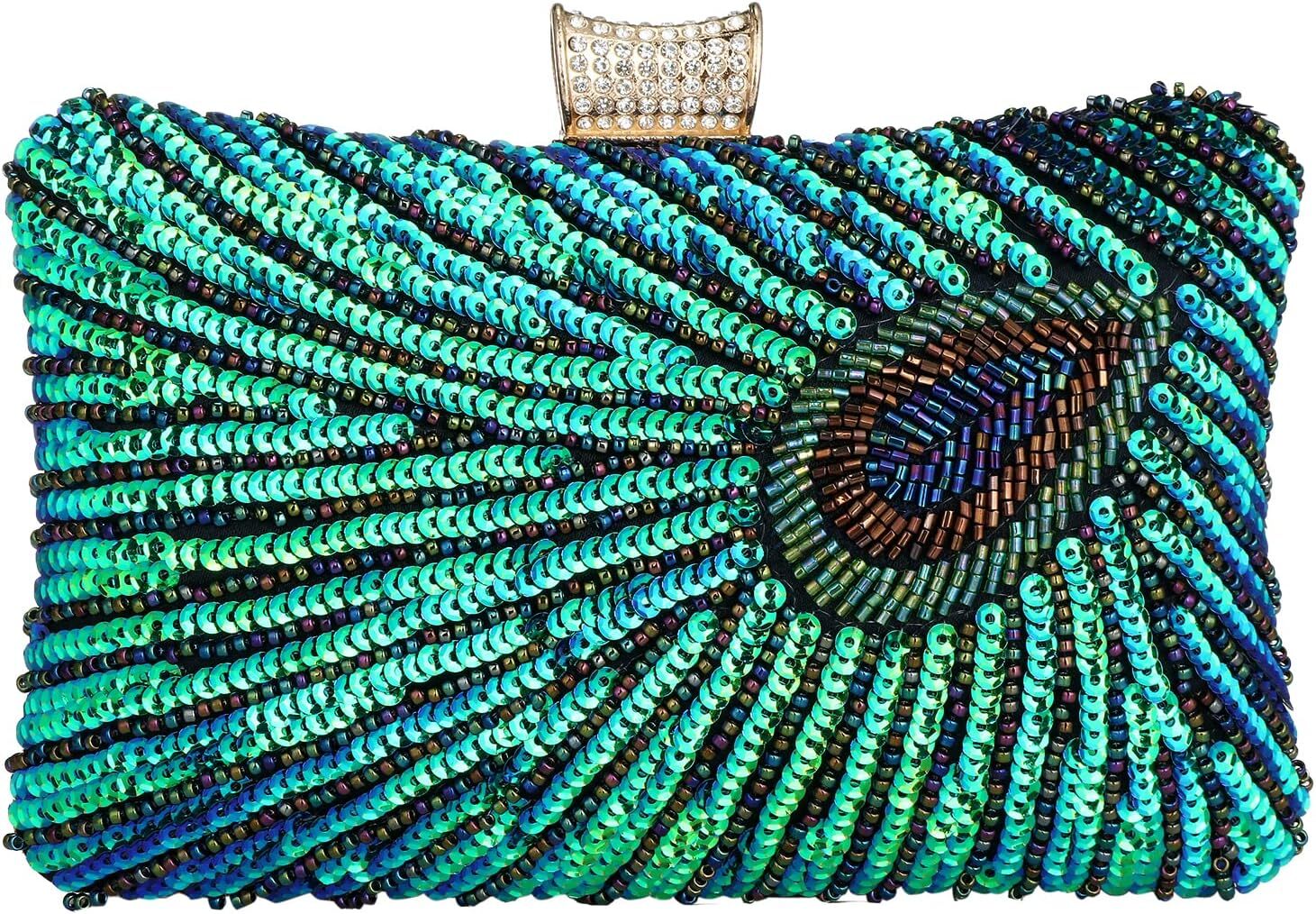 Beaded Sequin Peacock Evening Clutch Bags Party Wedding Purse 7.9*4.7*2.4 in