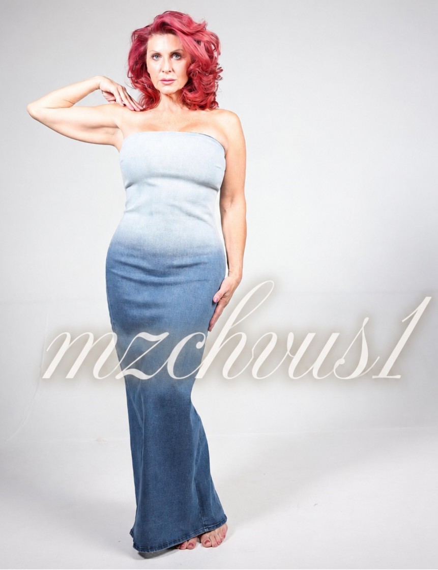Forever21 Ombre Denim DIP DYE Midi Tube Bodycon Stretch Dress Fitted Large L