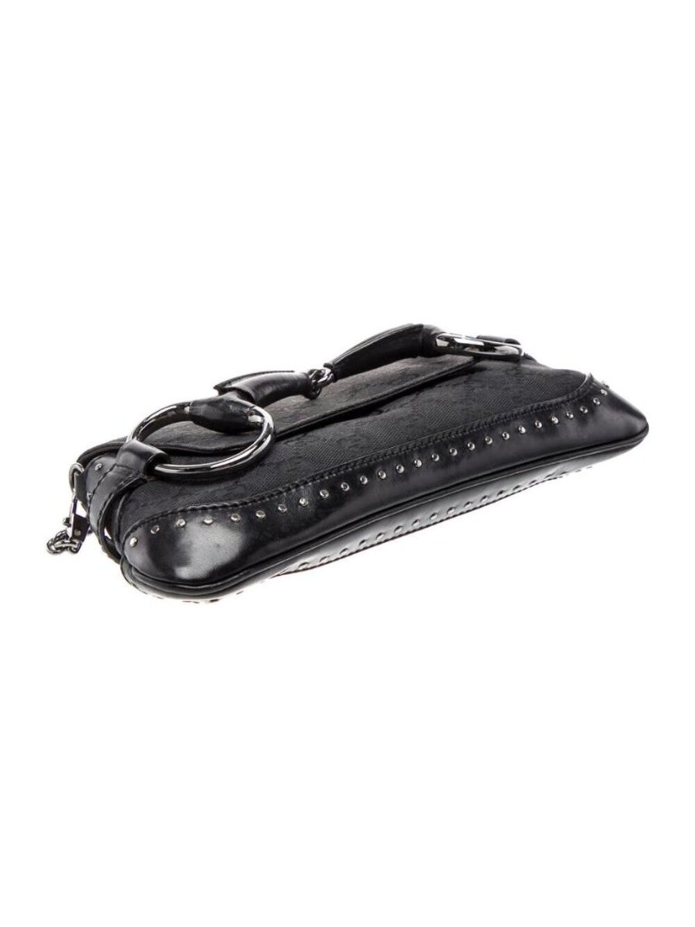 Gucci GG Canvas Horsebit Chain Small Black Shoulder Bag Silver Studded, LUX