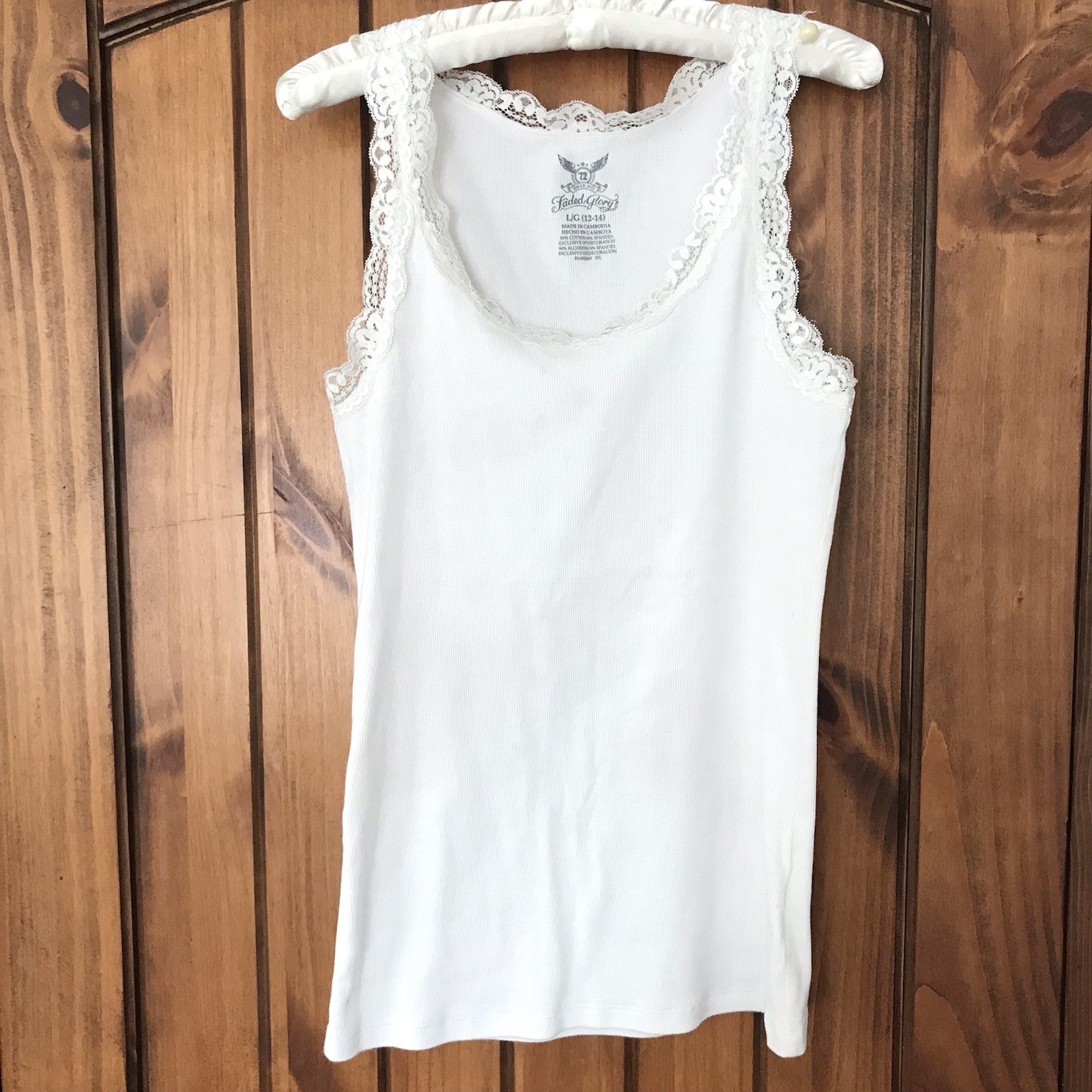 Faded Glory White Lace Trim Y2K Style Baby Doll Feminine Fairy Whimsy Tank Top L
