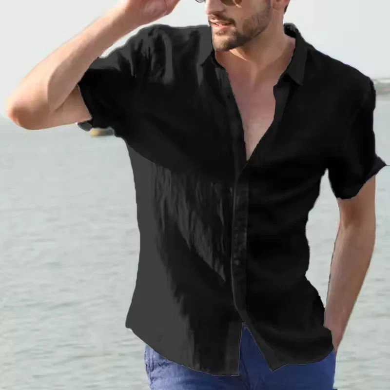 Men’s Summer Linen Short Sleeve Shirt Casual Solid Button-Down