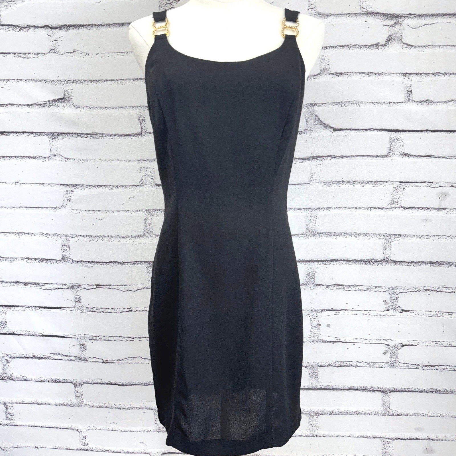 Vintage Rampage Black Sheath Dress Gold Chain Link Straps Size 7 Made in USA 90s