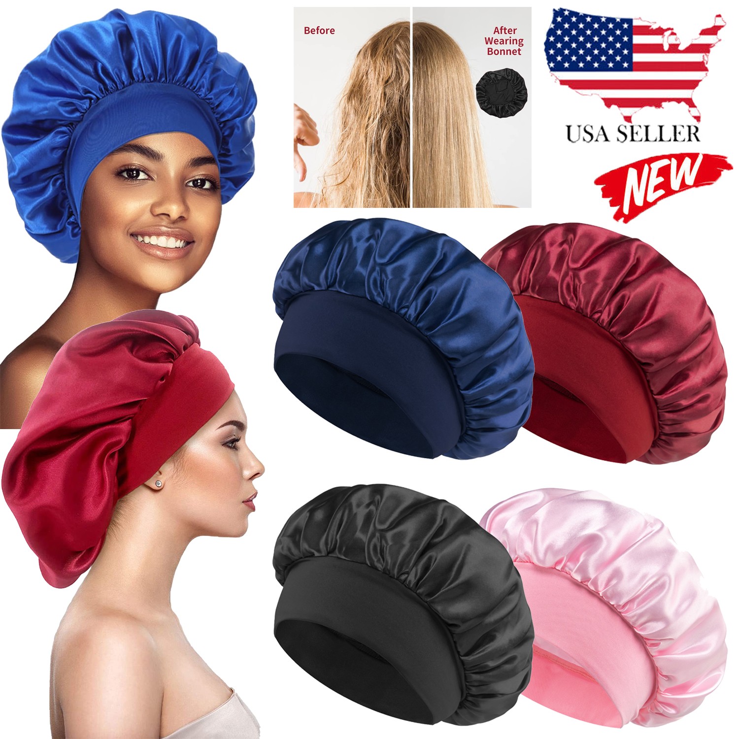 Satin Silk Bonnet for Sleeping, Double Layer Silk Sleep Cap for Men & Women Soft