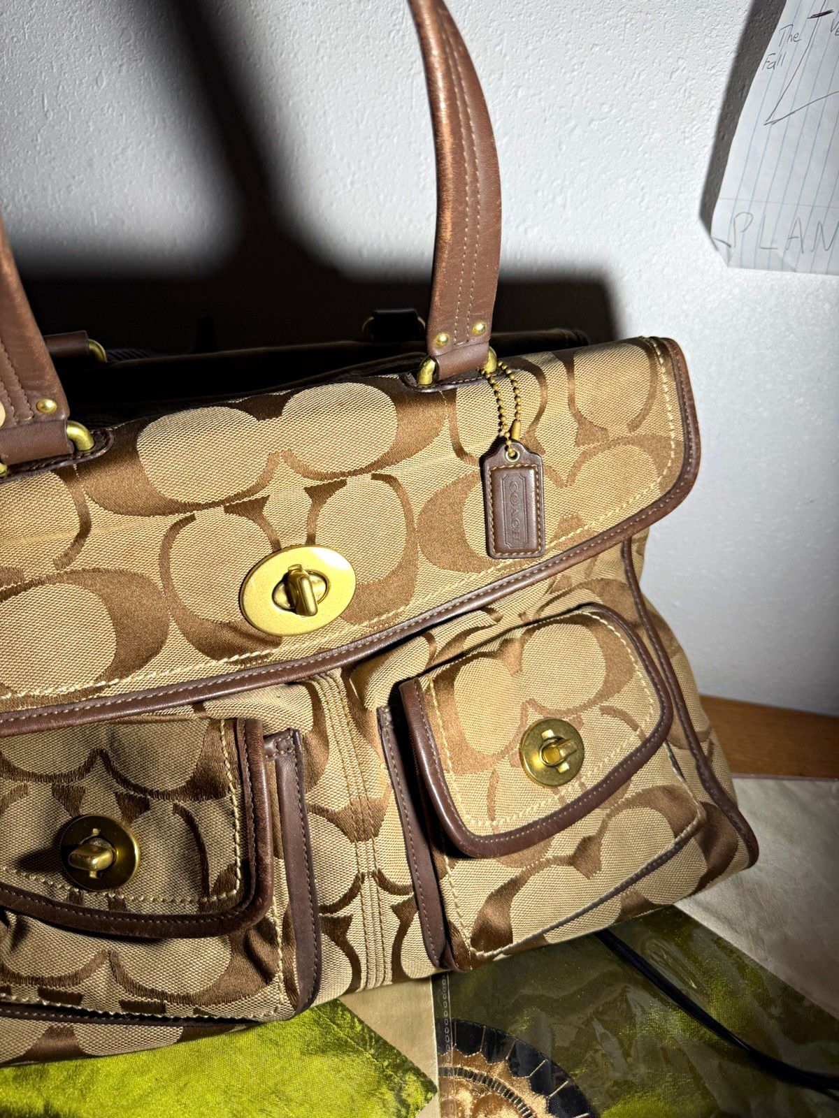Coach Women’s Brown/Beige Logo Satchel Top Handle Turn Lock Zip Gold Bag Charm