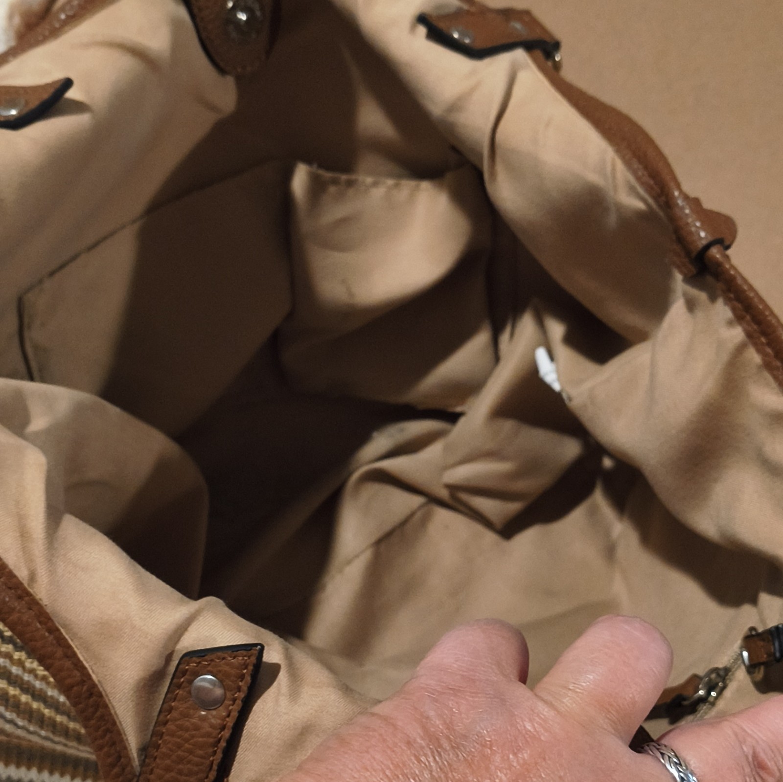 Striped Tote Bag Brown Beige Magnetic Zip Lined Pockets Silver