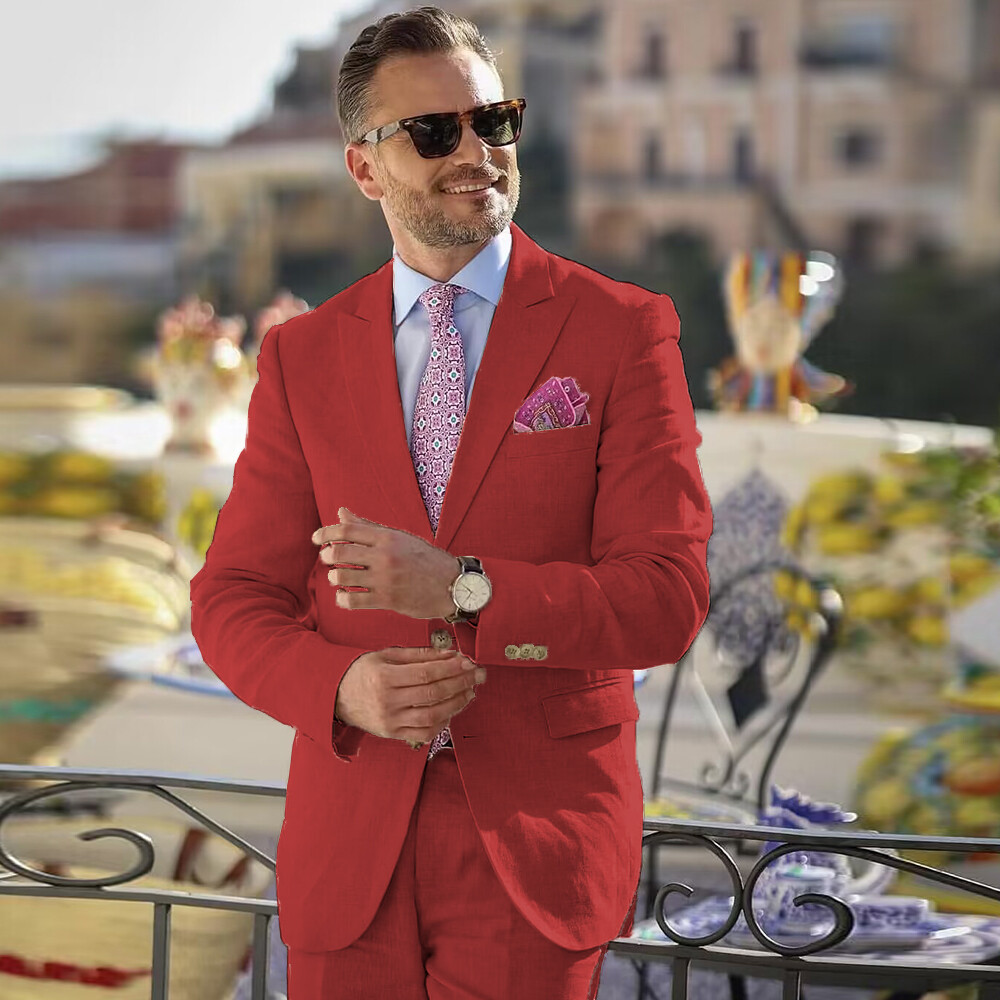 Linen Men Suits 2 Pieces Peak Lapel Formal Wedding Work Summer Men Blazers