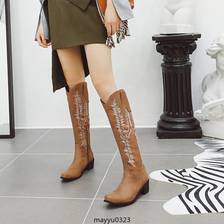 Womens Embossed Zip Mid Block Heel Cowgirl Mid Calf Knee High Boots Western PLus