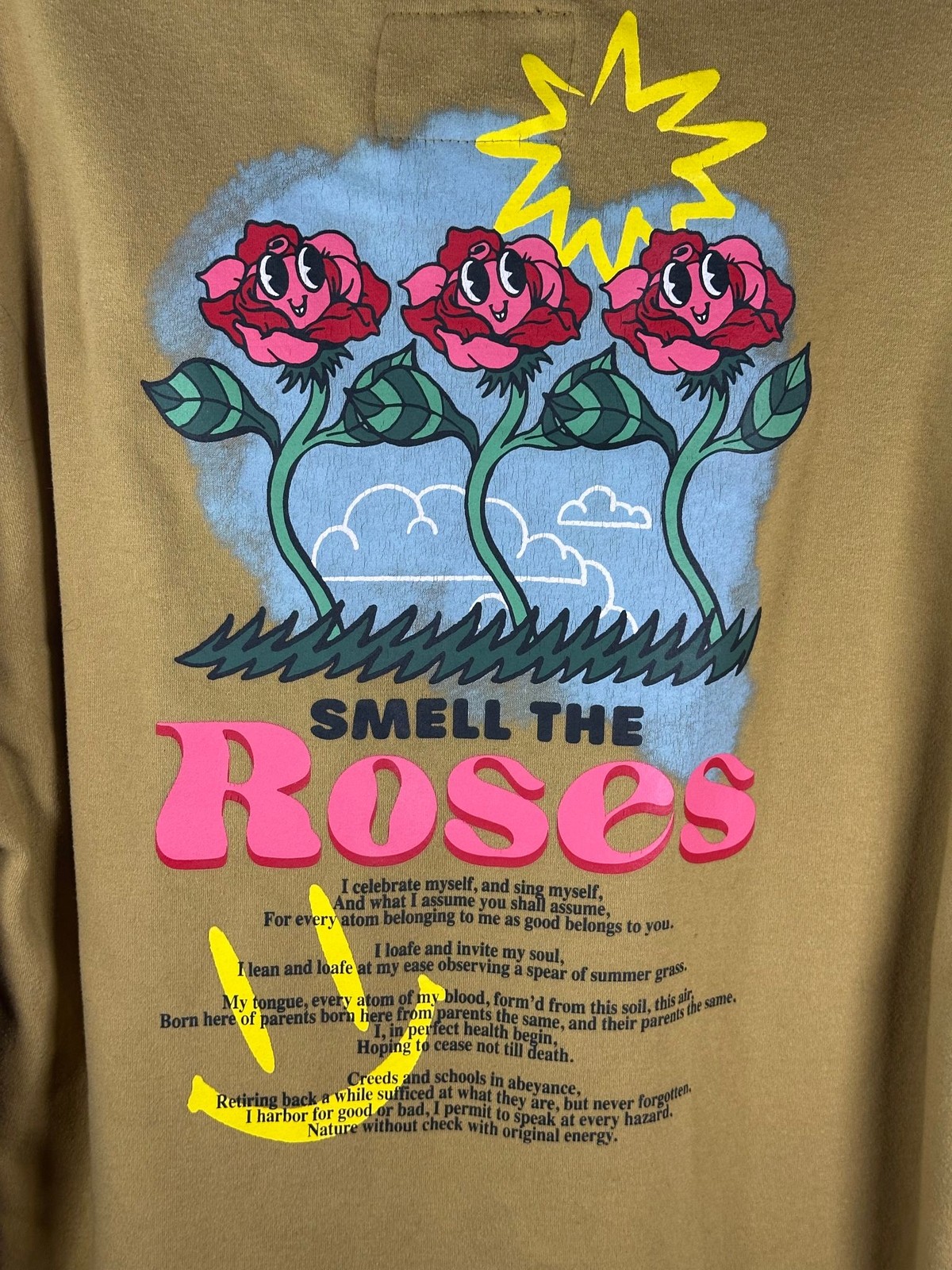 Brixton Sweatshirt Mens XL Graphic Crewneck Smell The Roses Back Print Mustard