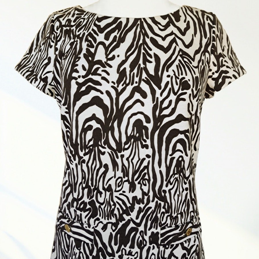 LILLY PULITZER Layton Zebra Shift Dress Medium Brown Zebra Full Entourage Pocket
