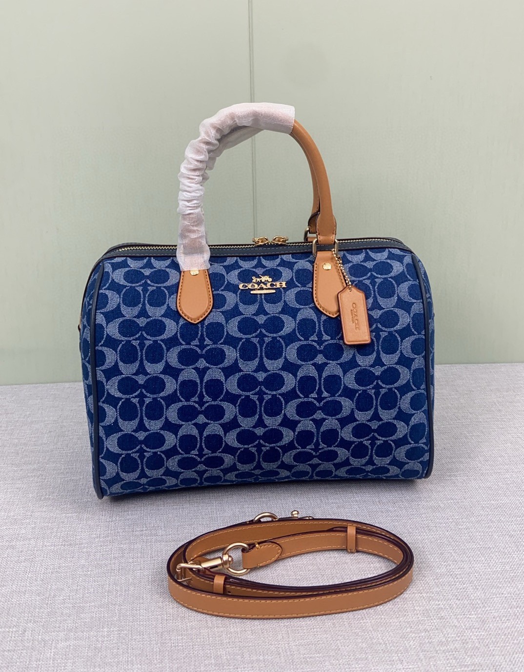 NWT CY699 Rowan Large Satchel Bag Signature Canvas Blue Brown