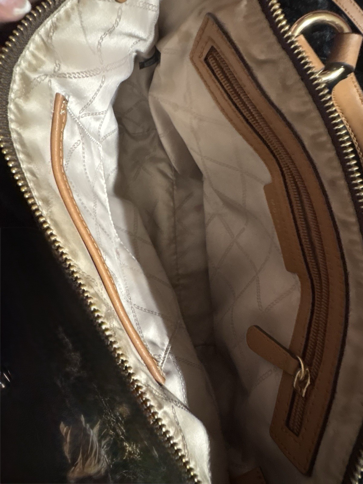 Michael Kors Brown Tan Logo Satchel Top Handle Zip Tassel Charm Gold Hardware