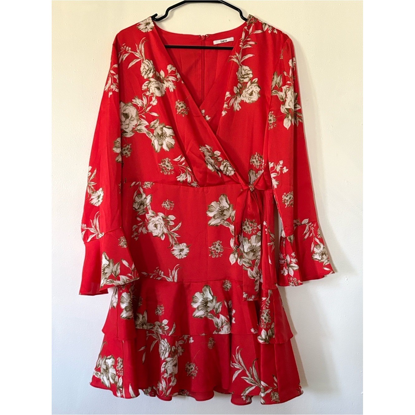 Bar III Red Floral Faux-Wrap Long Sleeve Dress Sz Large