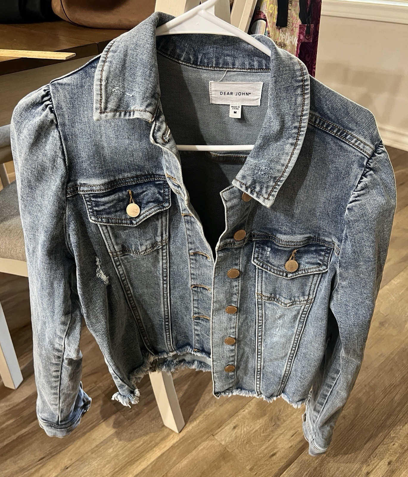 Dear John Roselyn Puff Sleeve Jacket with Frayed Hem Size Med