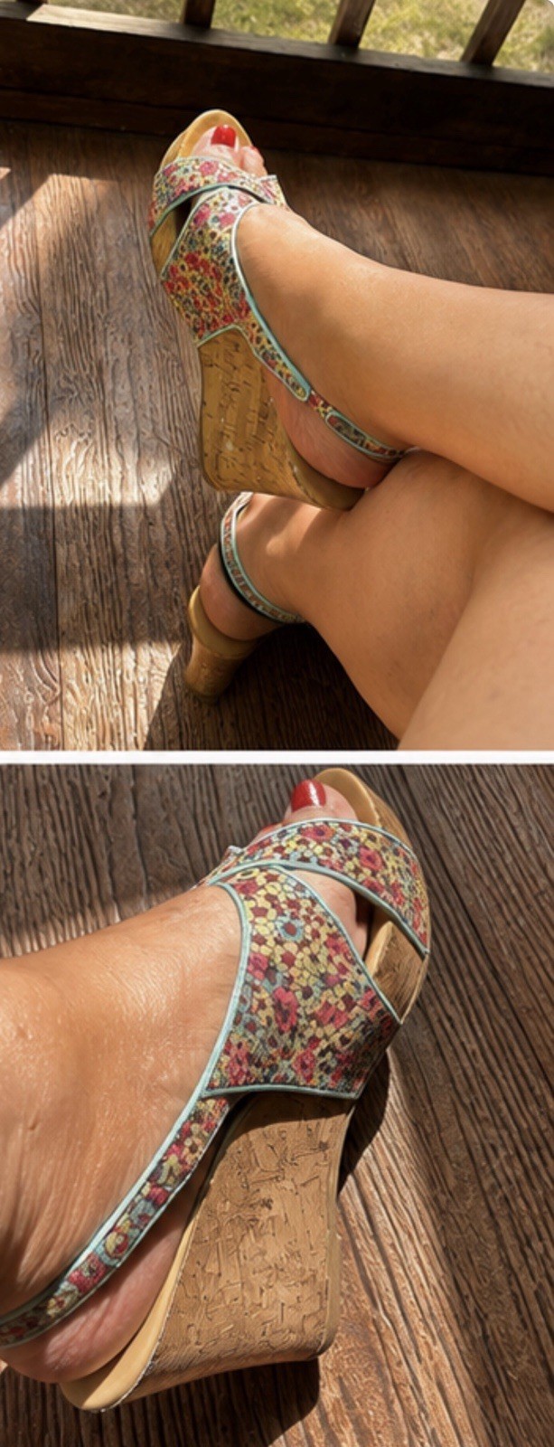 Floral Beige Wedge Sandals Ankle Strap Buckle Sz 10 worn 😉