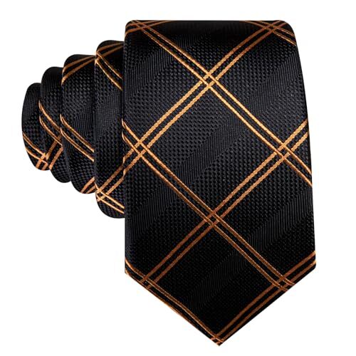 Extra Long Men Tie with Tie Clip Set Solid Plaid Silk Necktie Black Gold
