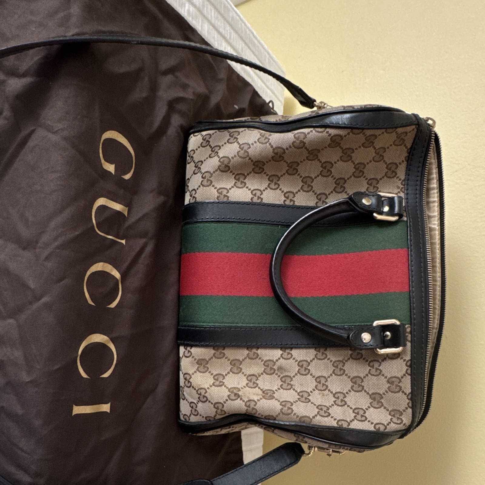 Authentic Gucci GG Canvas Boston Bag with Web Stripe & Shoulder Strap