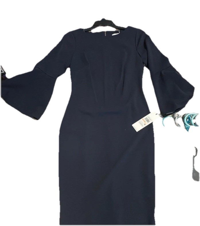 Calvin Klein Navy Solid Sheath Dress Knee Length 3/4 Bell Sleeve Size 2