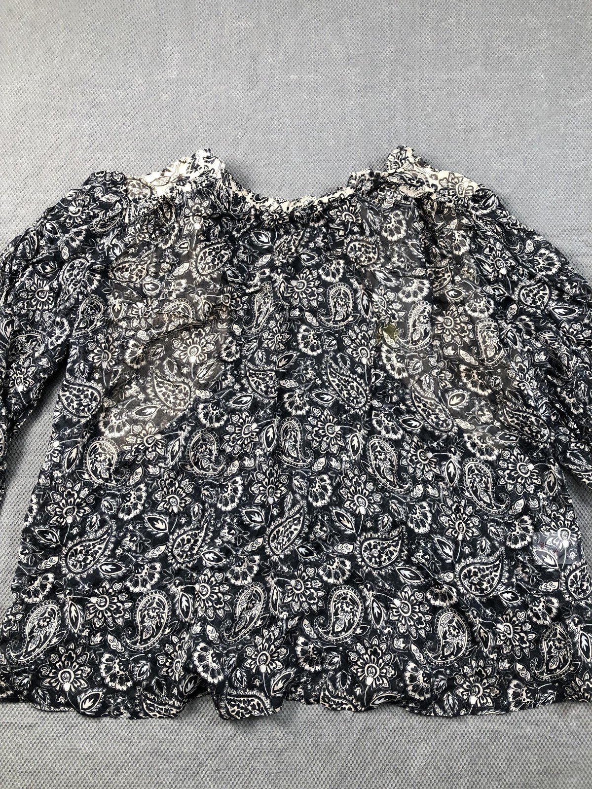 Boden Blouse Womens 8 Black Round Neck Long Sleeve Paisley Ruffle Sheer NWT