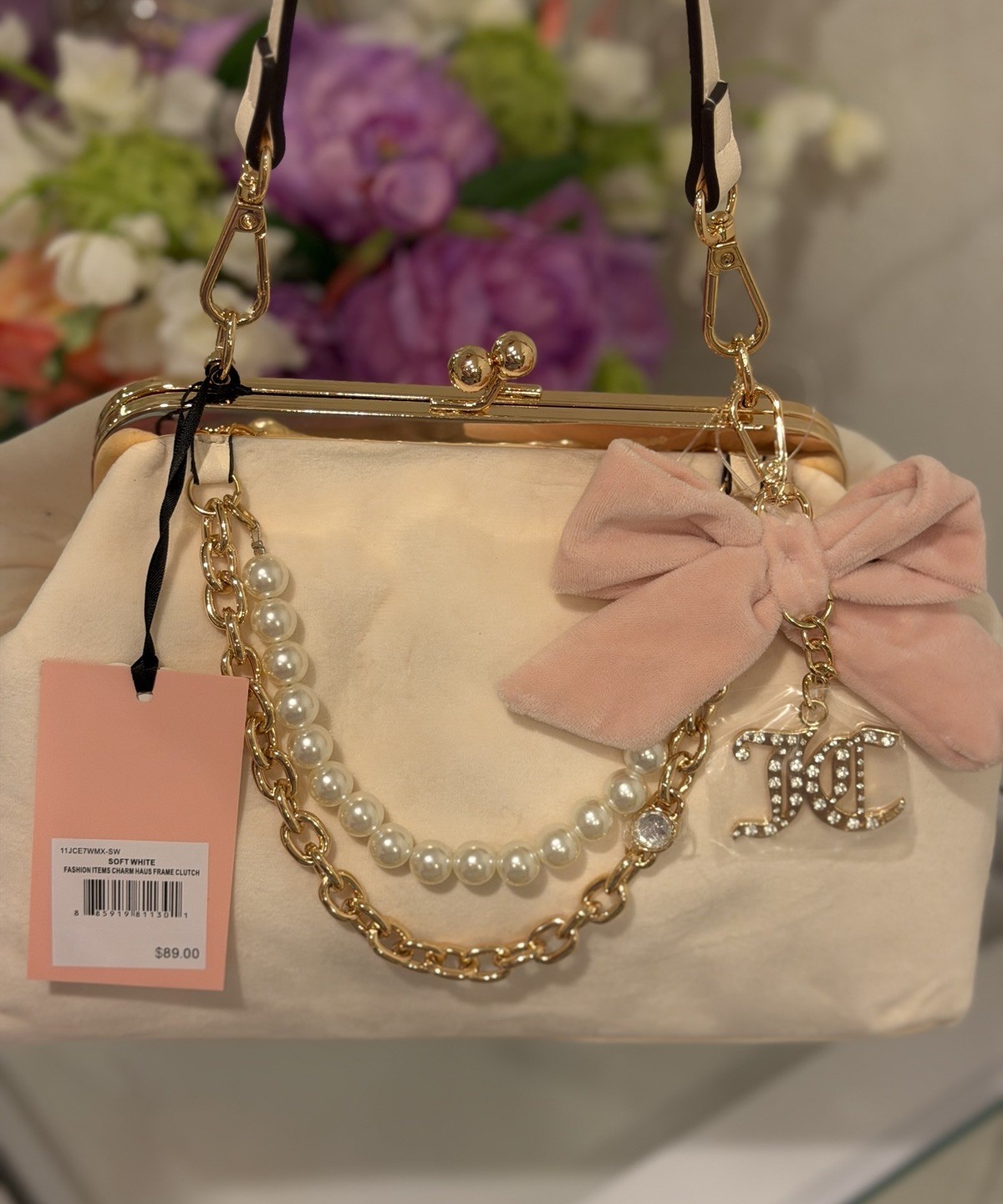 Juicy Couture Pink Kiss Lock Shoulder Bag Bow Pearl Rhinestone Charm Pockets