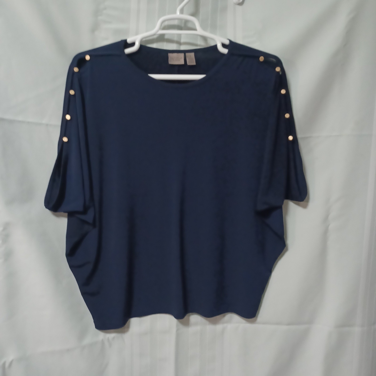 Chicos Easywear Navy Blue Batwing Sleeve Top Gold Button Accent Size 1 Medium