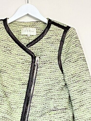 Sandro Green Tweed Jacket with Black Leather Trim – Size 36 (UK 8)