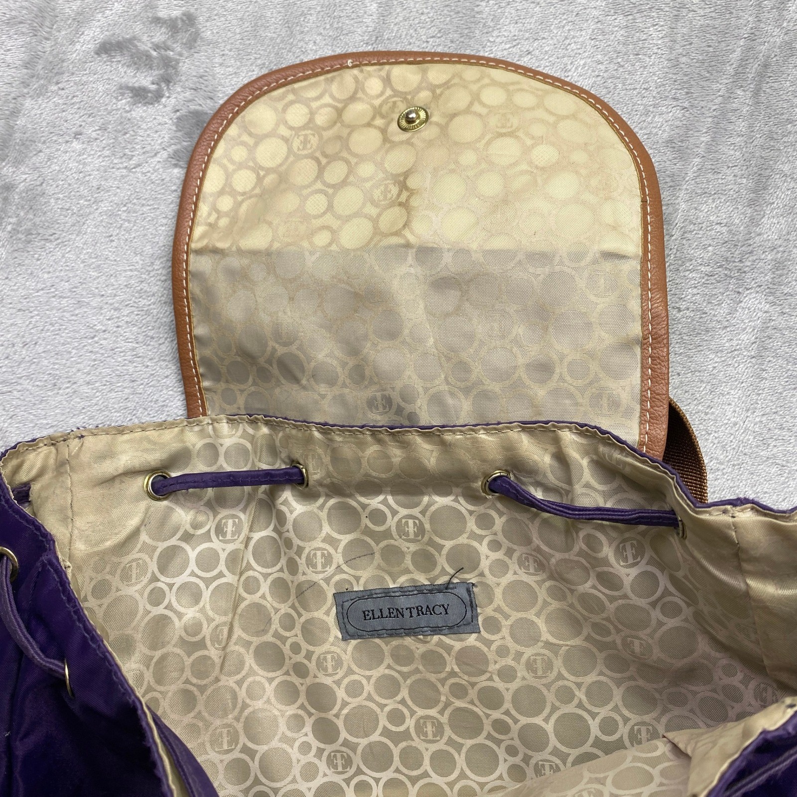Ellen Tracy Purple Nylon Backpack with Brown Faux Leather Trim Buckle Closures