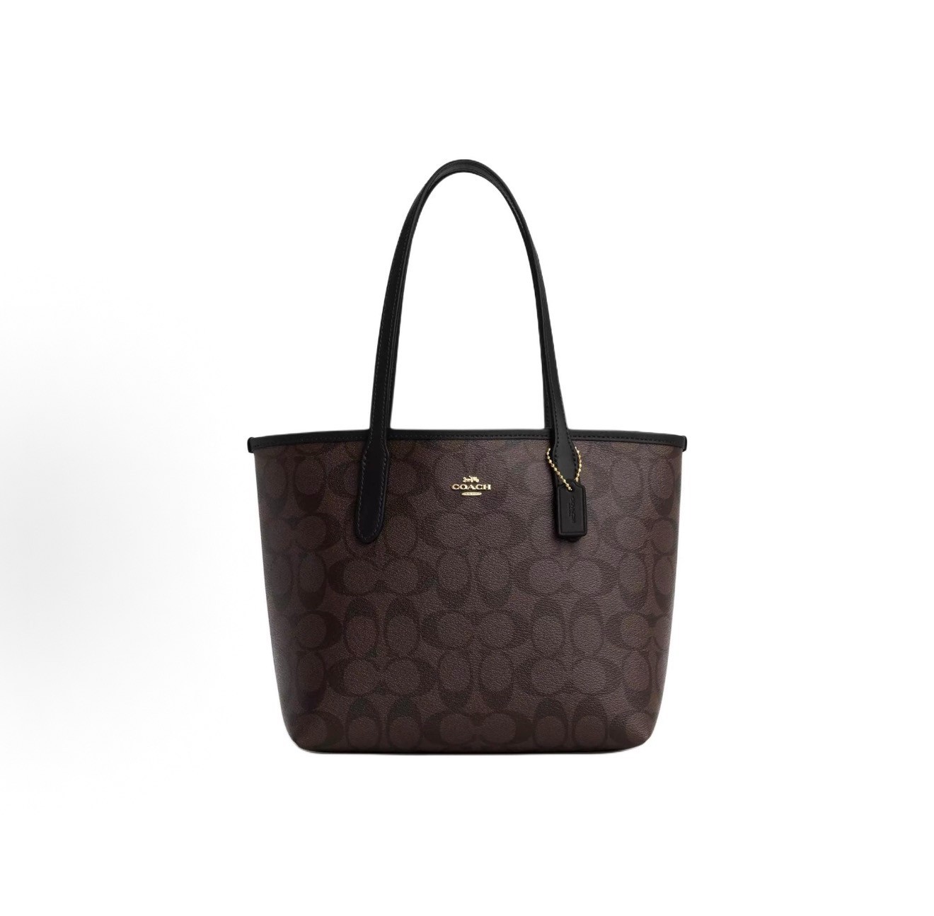 COACH CU759 Small City Tote Signature Coated Canvas Black Brown Free Shipping