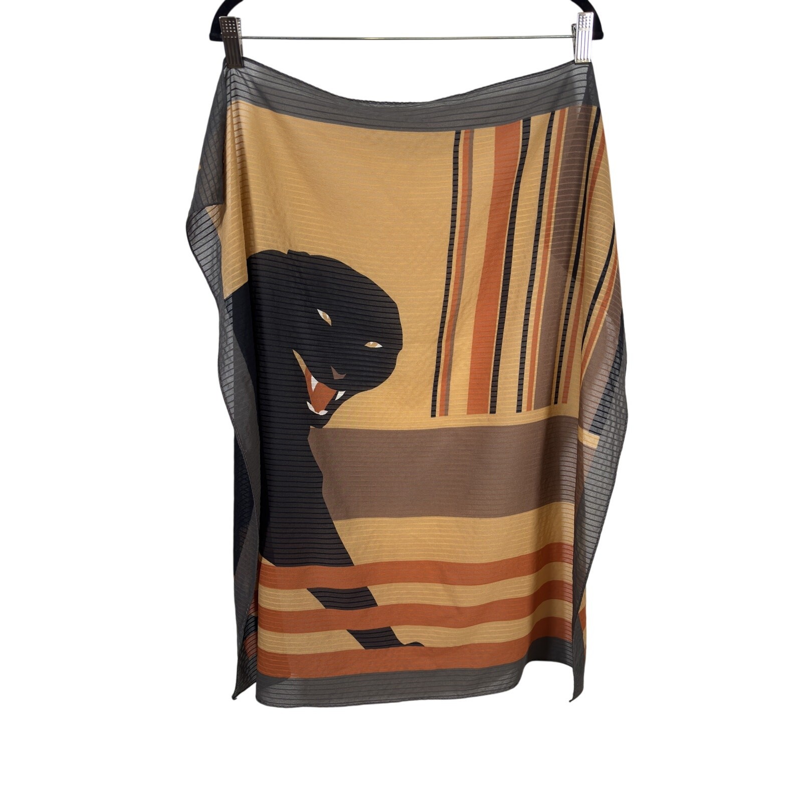 Panther Graphic Print Scarf Womens Tan Black Orange Ribbed Polyester Semi-Sheer