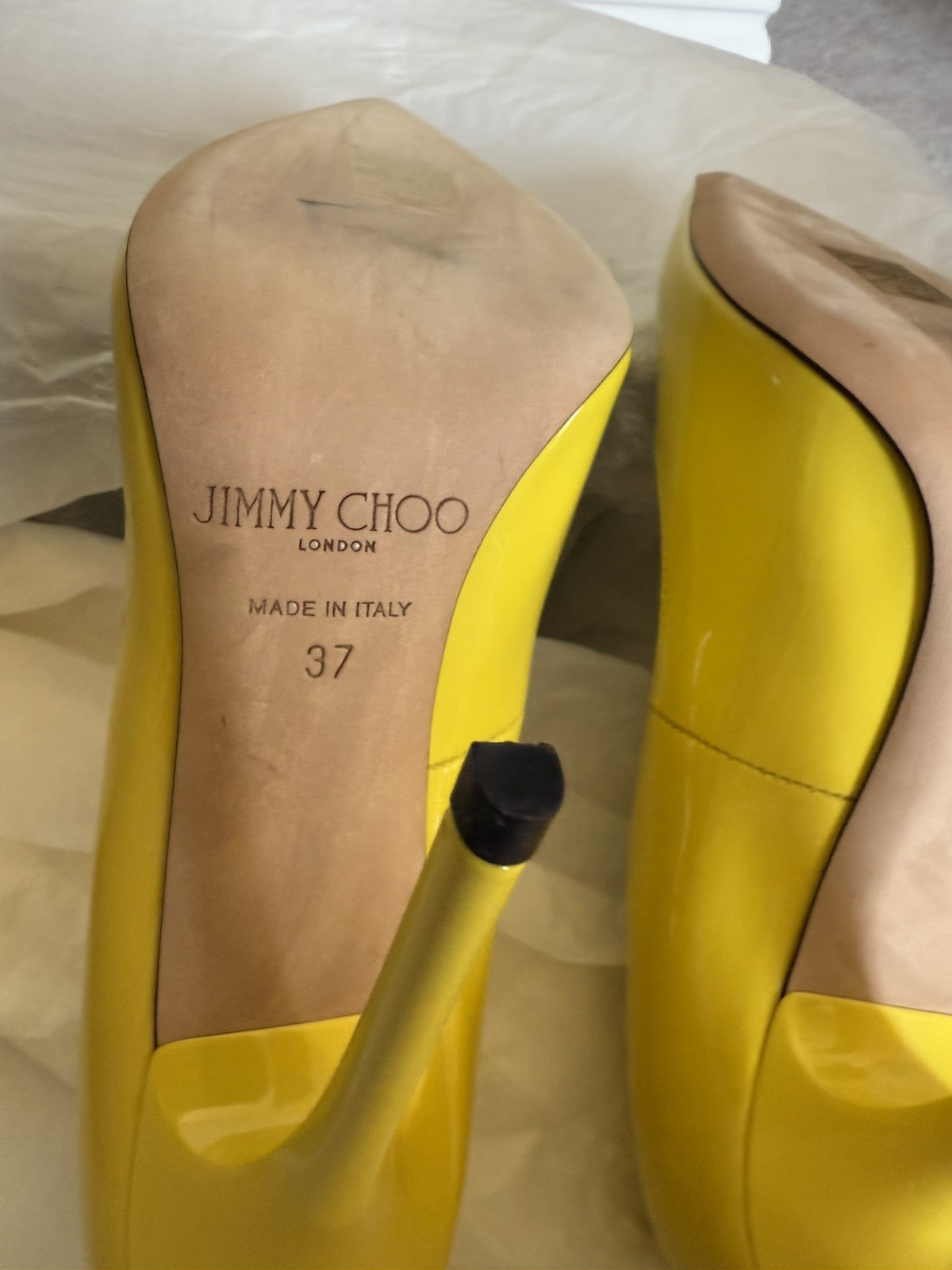 JIMMY CHOO Anouk Tacco 120 Patent Leather Point Toe Pump Yellow US 7 NIB RARE