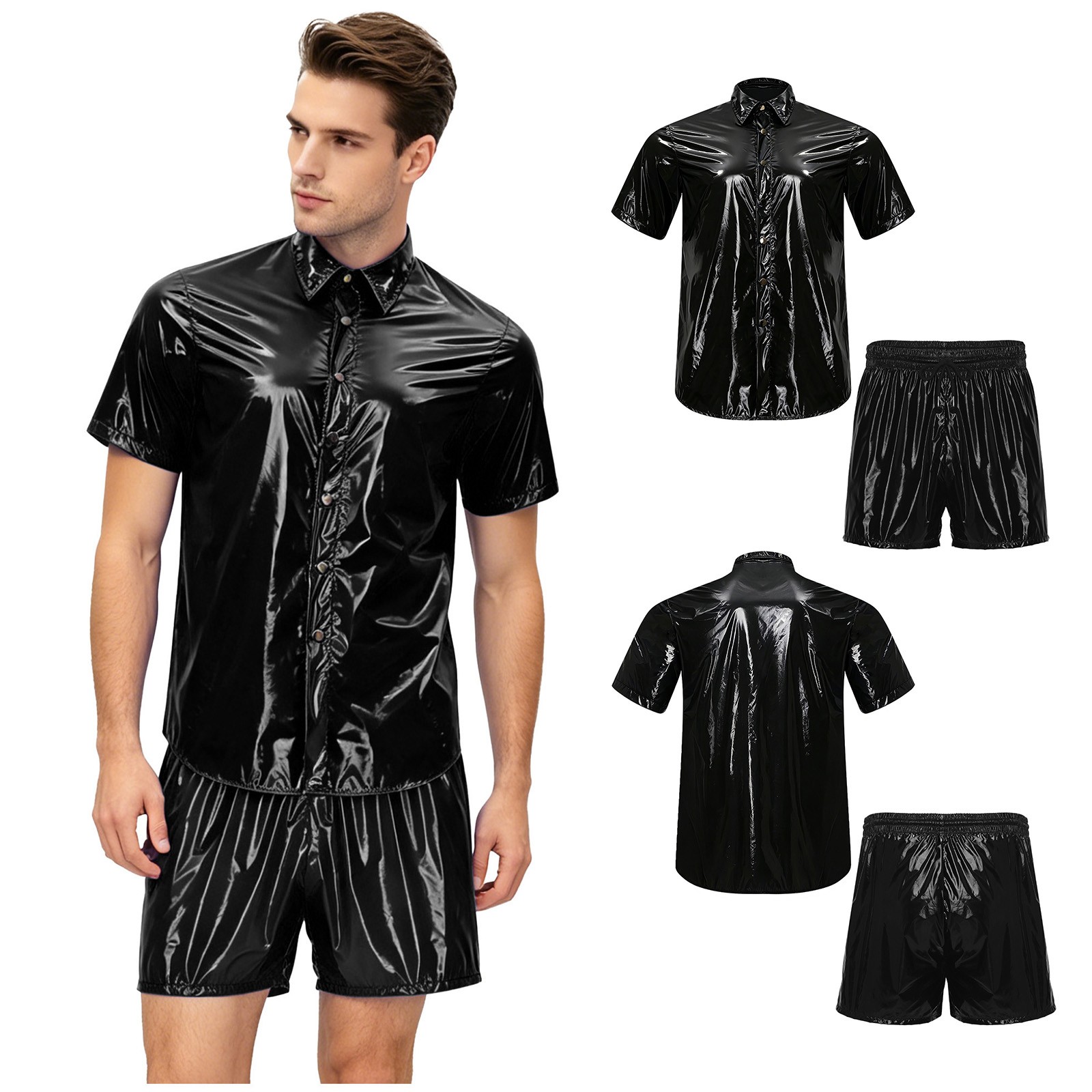 Men Set Daily Wear Tracksuit Built-in Briefs Outfits Wrestling Short Sleeve Gym