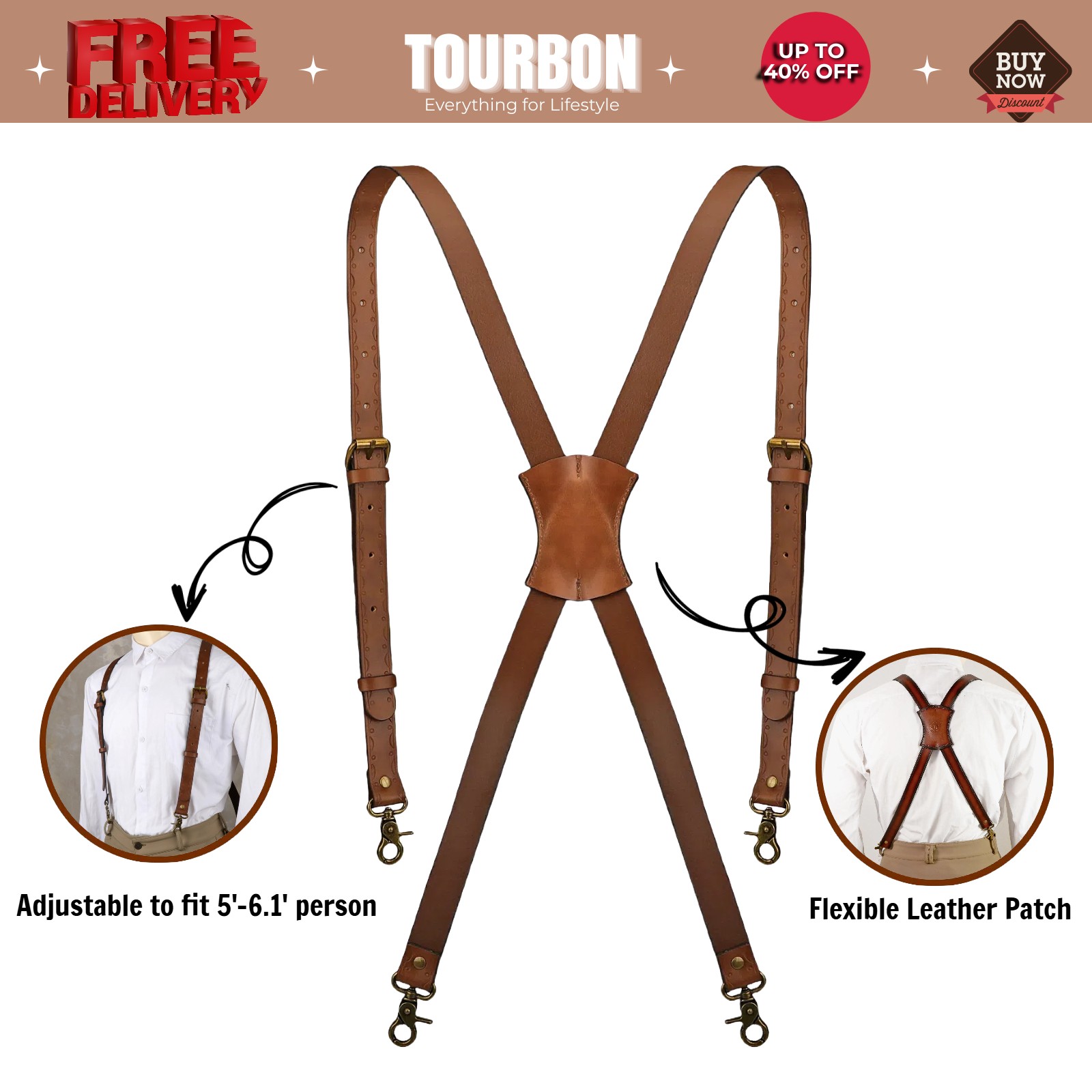 Tourbon Leather Men’s Suspender X Back Hook Attach Pants Braces Bestman Strap