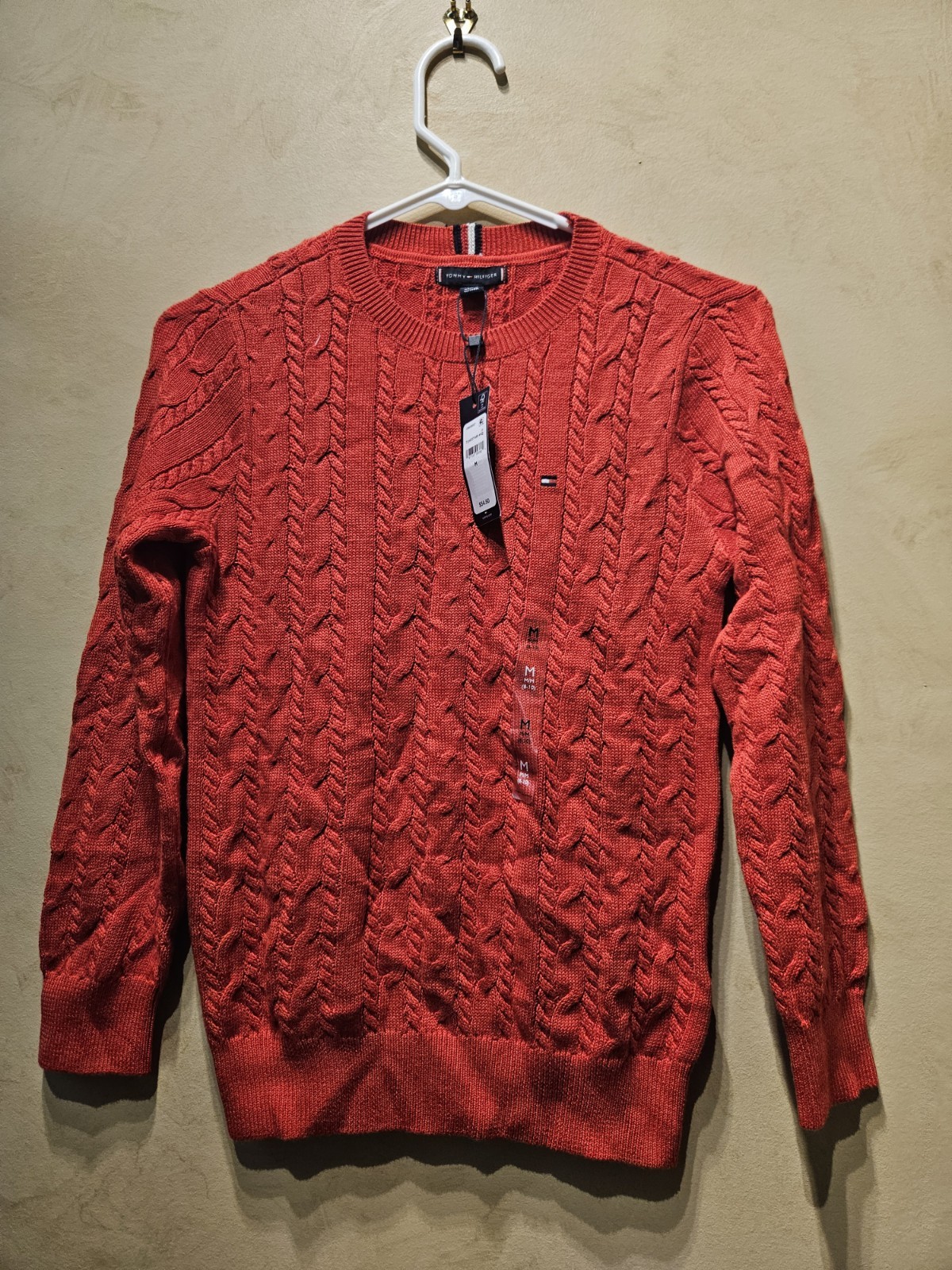 T68) Tommy Hilfiger Youth M Red Cable Knit Cotton Crewneck Sweater Preppy