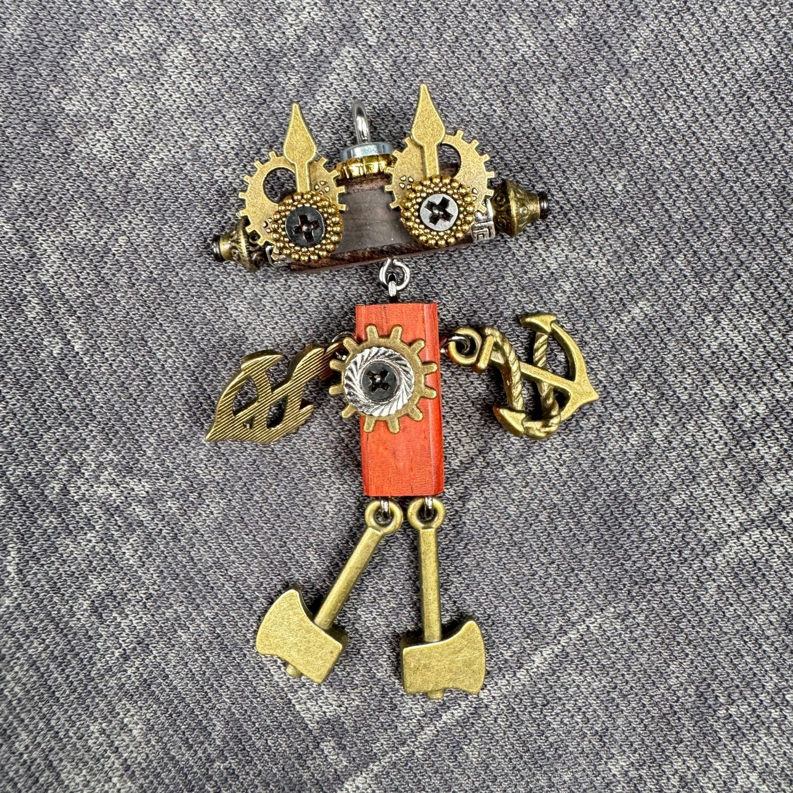 Cute Weird Punk Wooden&Alloy Robot Keychain – Steampunk Handmade Key Ring Charms