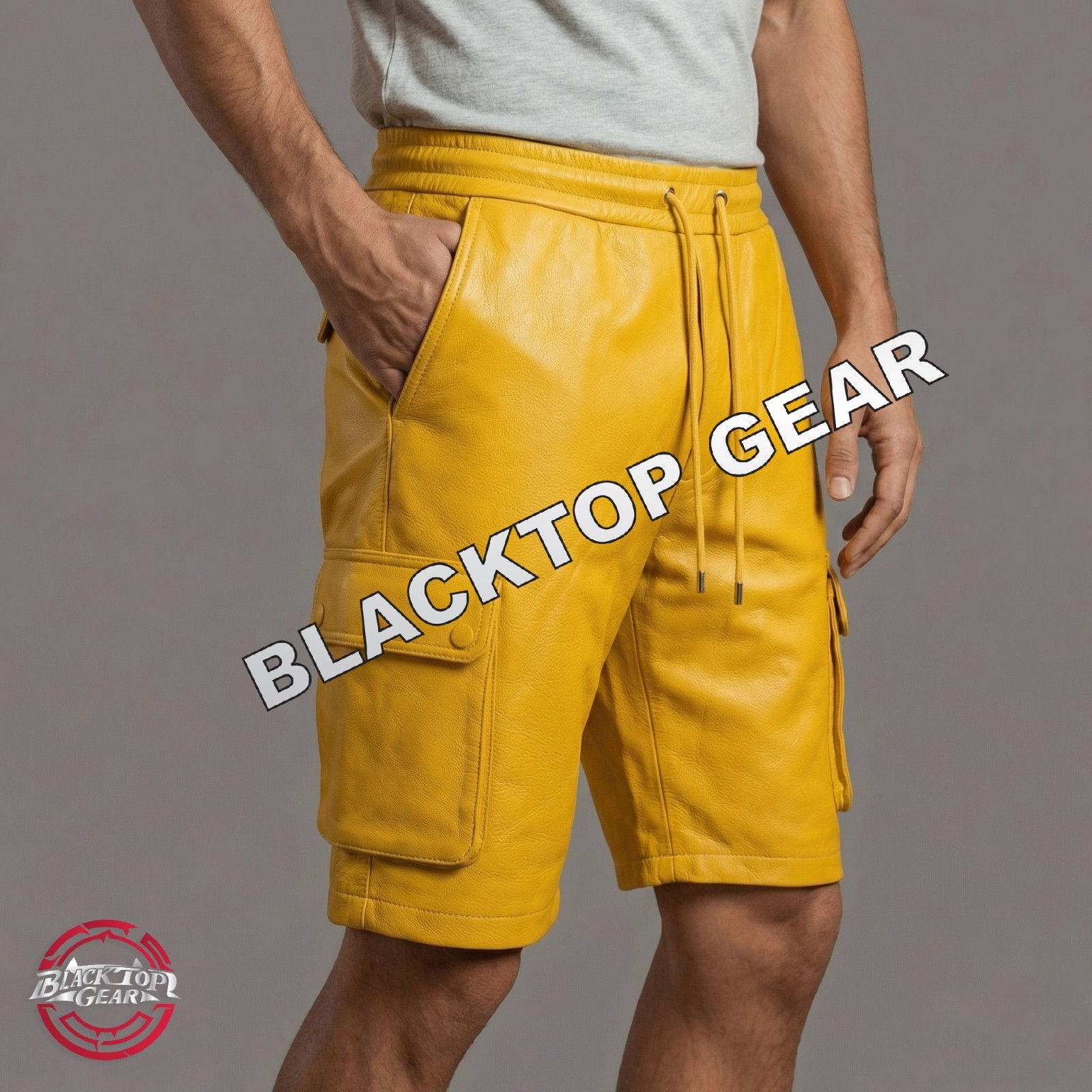 Real Leather Cargo Short Yellow Men’s Half Pant Trouser Lined Custom Made W28-38