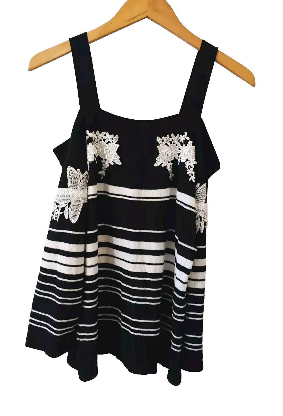 INC International Concepts Womens Top M Off Shoulder Embroidered Black Stripe