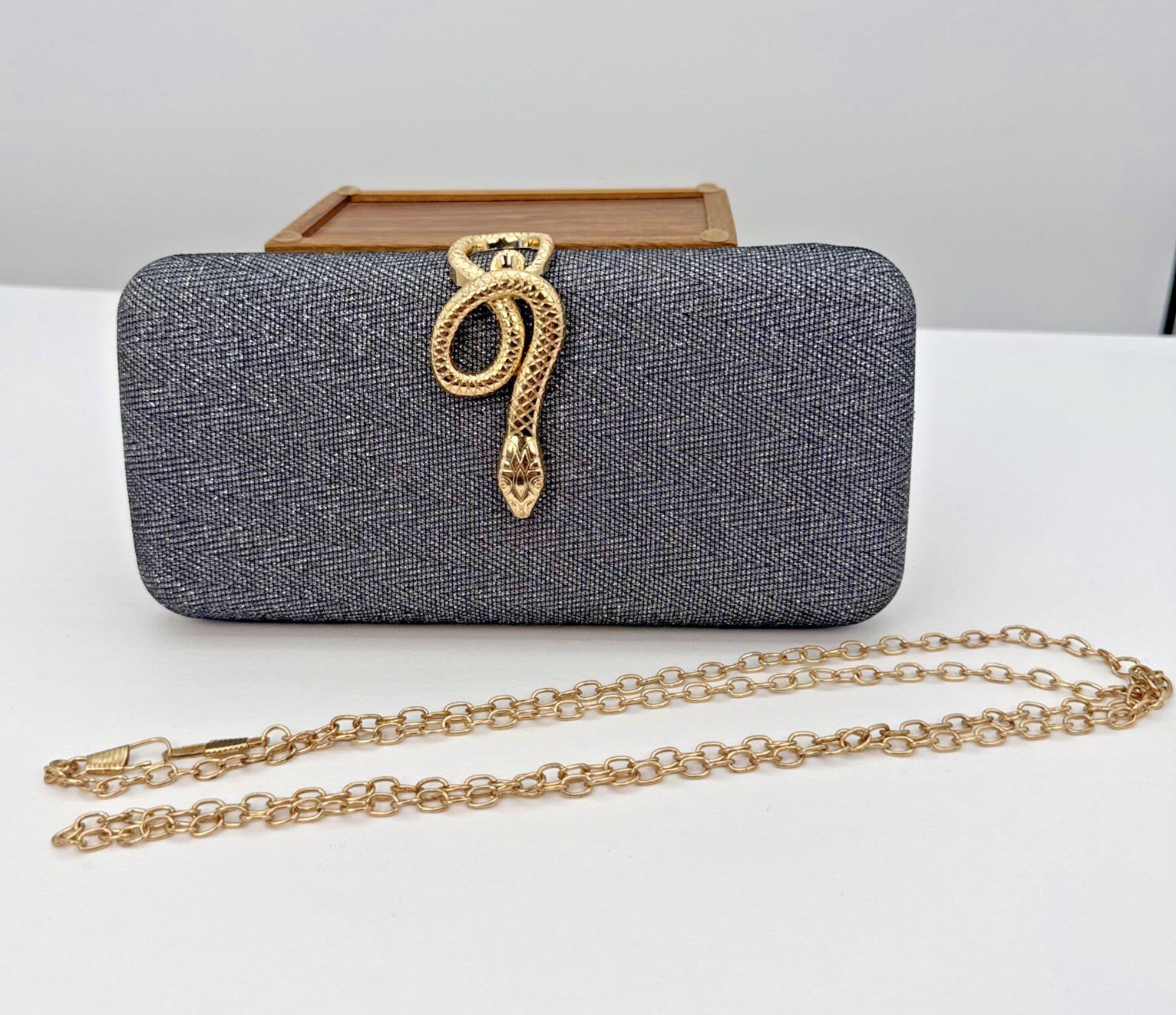 Silver Sparkle Crystal Evening Purse Clutch Gold Snake Clasp Square Bag Chain