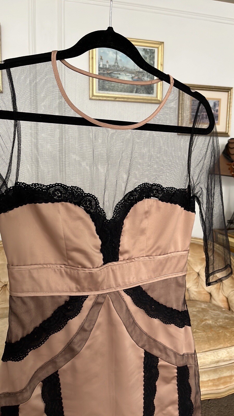 Vintage ASOS Champagne color satin, mesh and lace cocktail dress Y2K small VTG