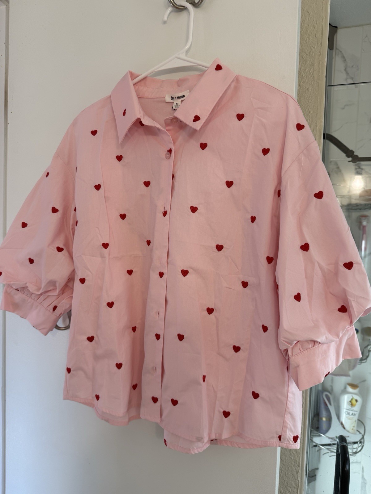 Heart Embroidered Button Down Blouse With Puff Sleeves Size M