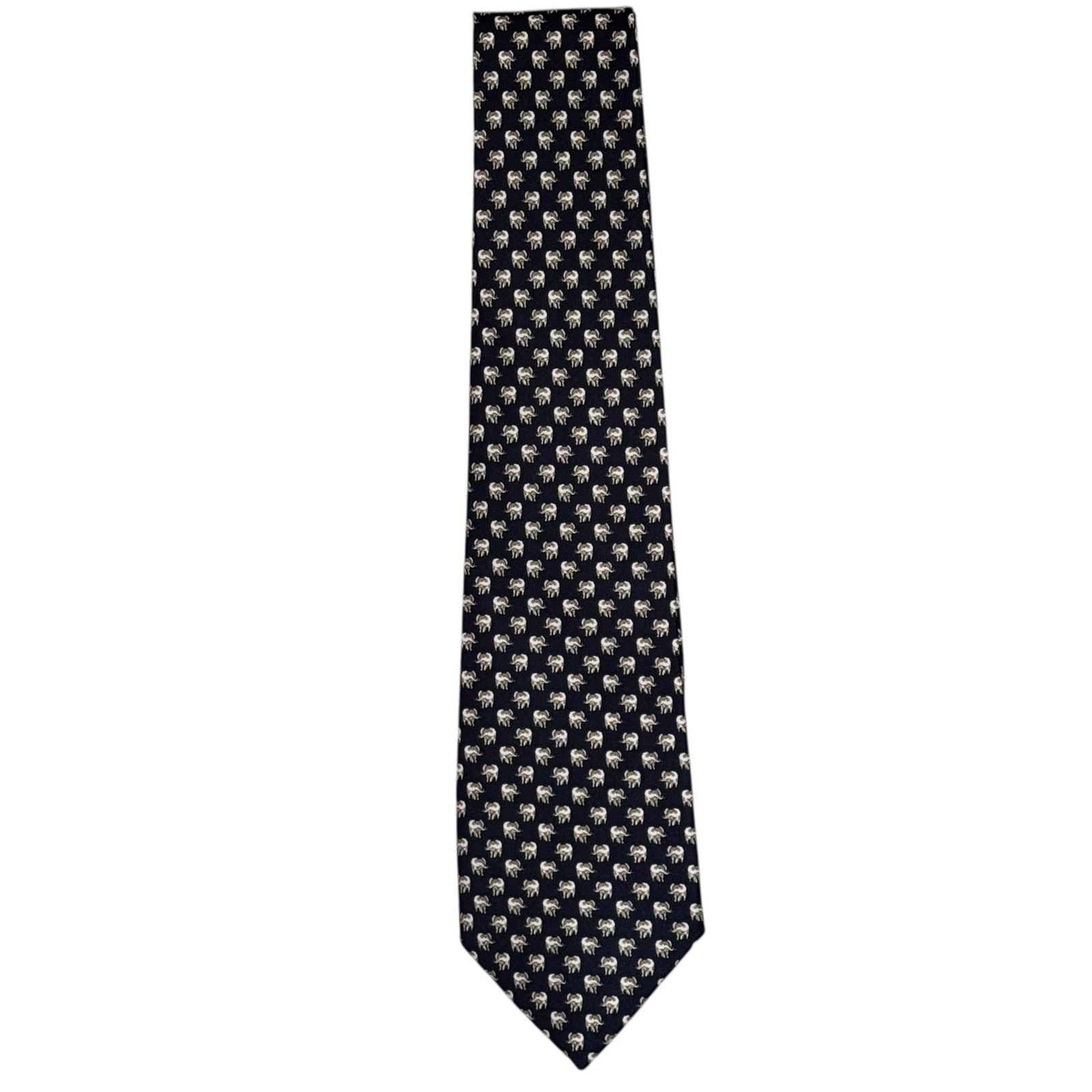 Thailand Men’s Deep Navy Hand-Made 100% Silk Tie Elephant Print Eclectic Preppy