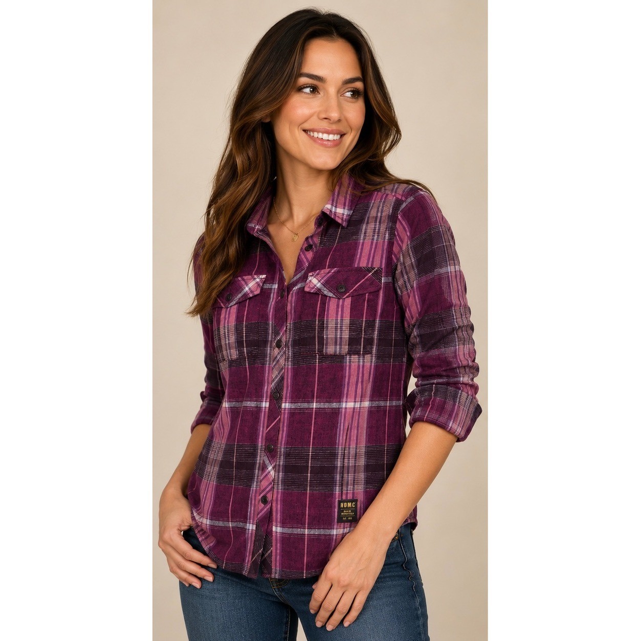 Harley-Davidson Womens Small Purple Plaid Linen Blend Roll Tab Button Down Shirt